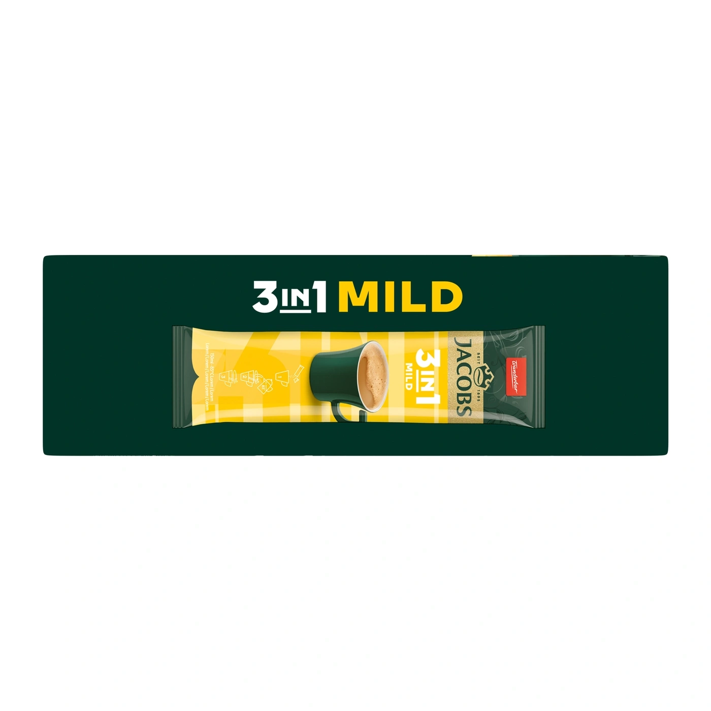 Jacobs 3in1 Mild Kaffee-Portionen mit Tasse und Anweisungen auf gelbem Hintergrund.