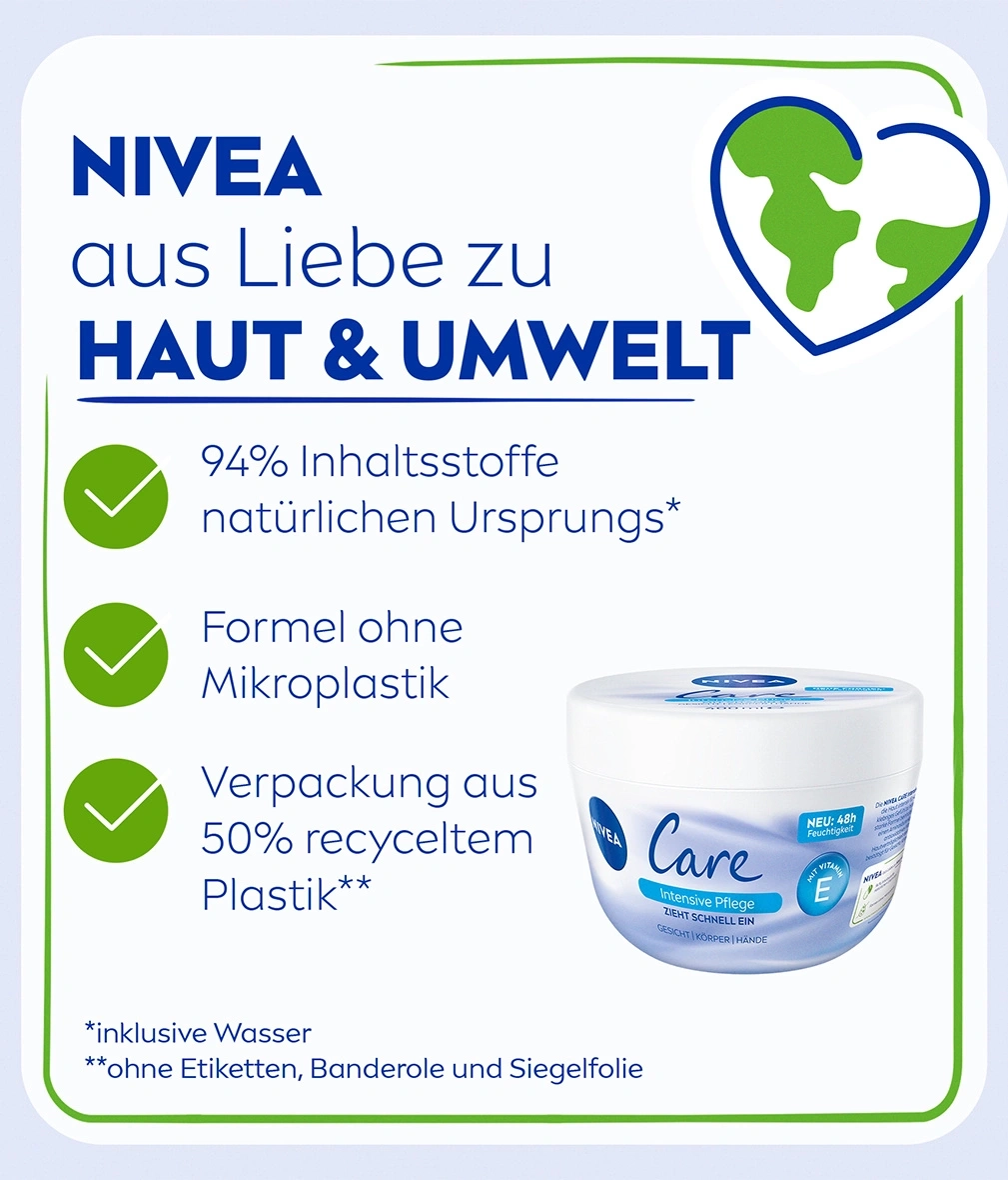 Nivea Care Creme: Haut & Umwelt, 94% natürliche Inhaltsstoffe, ohne Mikroplastik, 50% recyceltes Plastik