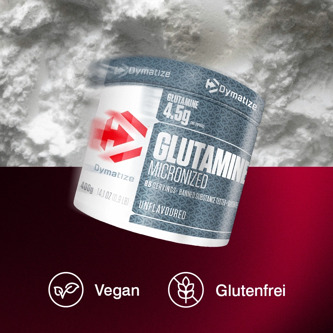 Dymatize Glutamin Micronized in einem Behälter mit dem Aufdruck "Vegan" und "Glutenfrei".