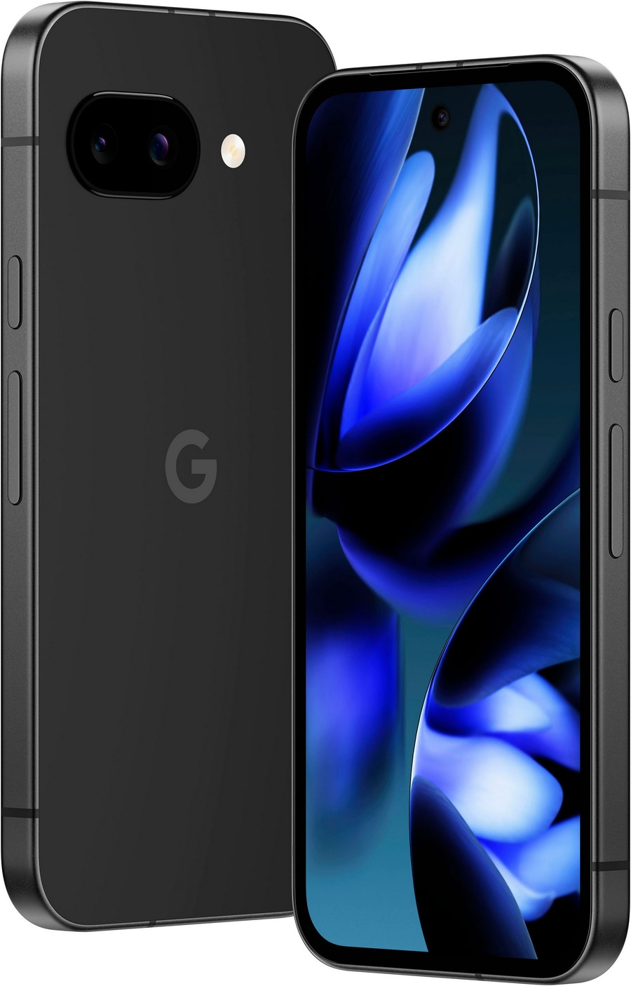 Schwarzes Google Pixel Smartphone mit zwei Kameras auf der Rückseite und einem blauen Hintergrundbild auf dem Bildschirm.