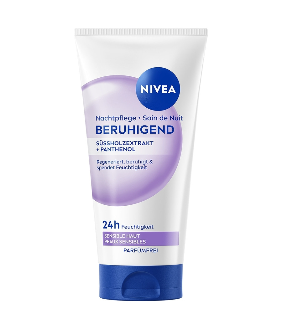 Nivea Nachtpflege für sensible Haut mit Süßholzwurzelextrakt und Panthenol.