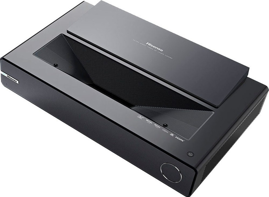 Schwarzer Hisense-Projektor, Ultra-Short-Throw-Laser-Kino, HDMI-Anschlüsse, Power-Taste, modernes Design