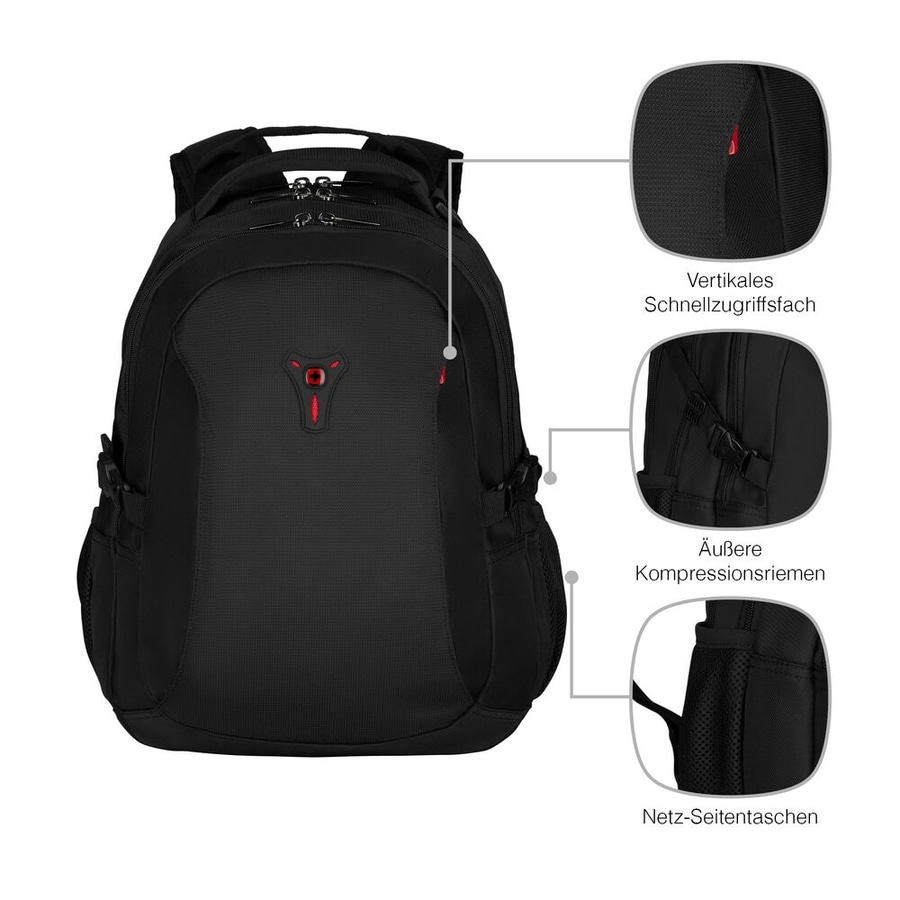 Schwarzer Rucksack mit vertikalem Schnellzugriffsfach, Kompressionsriemen und Netztaschen.