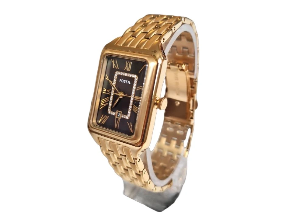 Goldene Fossil Damenuhr mit schwarzem Zifferblatt und römischen Ziffern