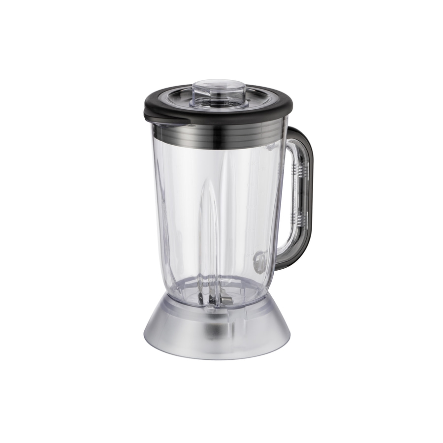 Ein leerer Mixer mit Deckel und Griff, isoliert auf weißem Hintergrund.