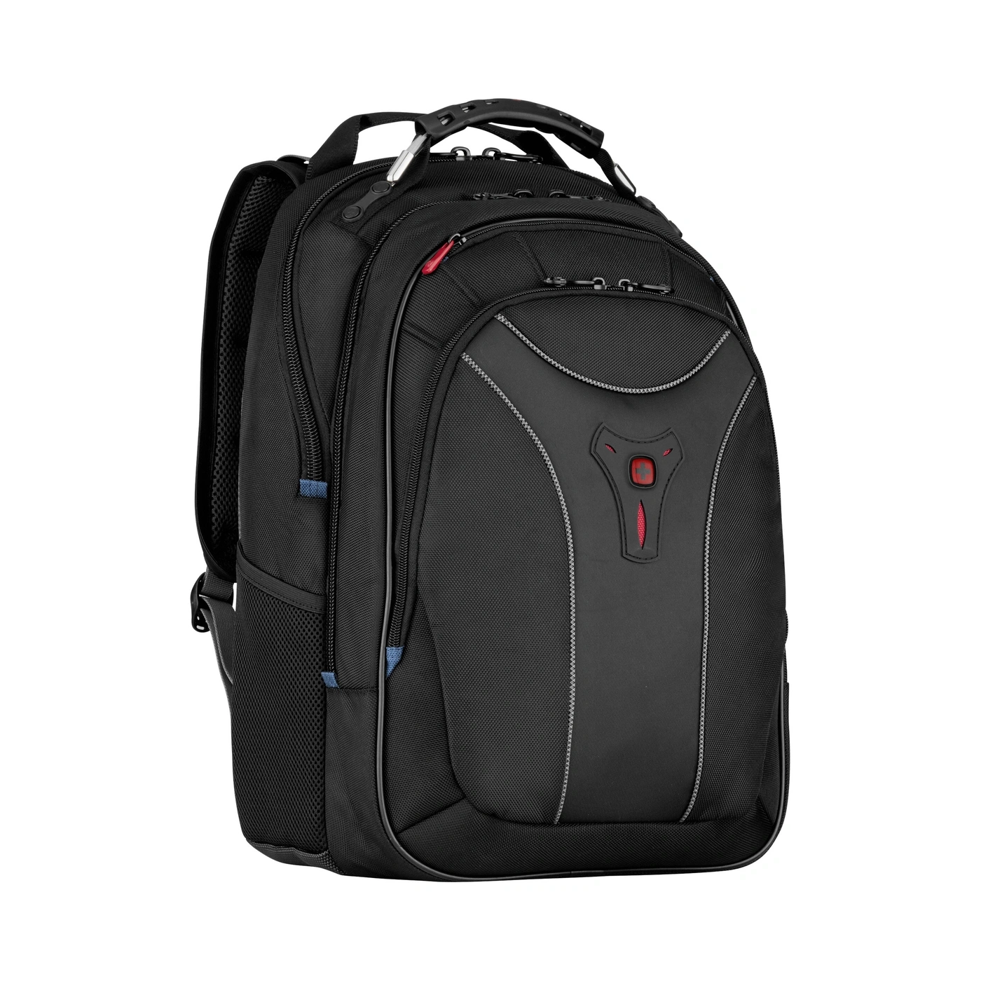 Schwarzer Rucksack mit roten und blauen Akzenten und ergonomischem Design