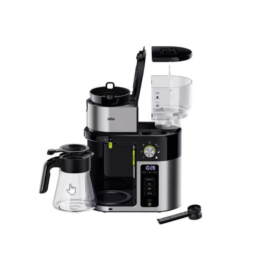 Eine Braun Kaffeemaschine mit Glaskaraffe und Wasserbehälter