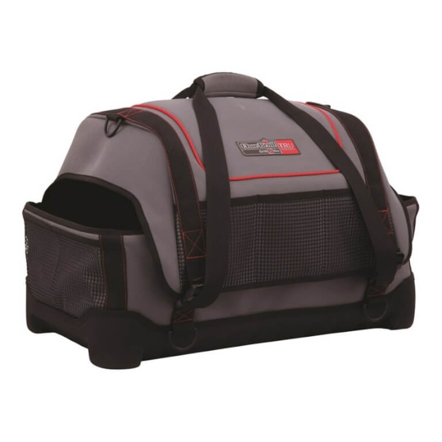 Graue Tragetasche für Haustiere mit roten Akzenten und schwarzen Trägern, Netzfenster