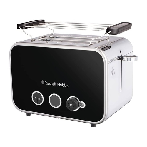 Schwarzer Toaster mit silbernen Akzenten und Russell Hobbs Logo. Mit Knöpfen.