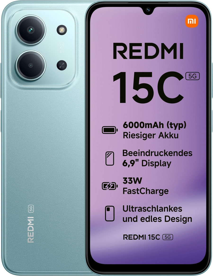 Ein blaugrünes Redmi 15C Smartphone mit 5G-Unterstützung und großem Display.