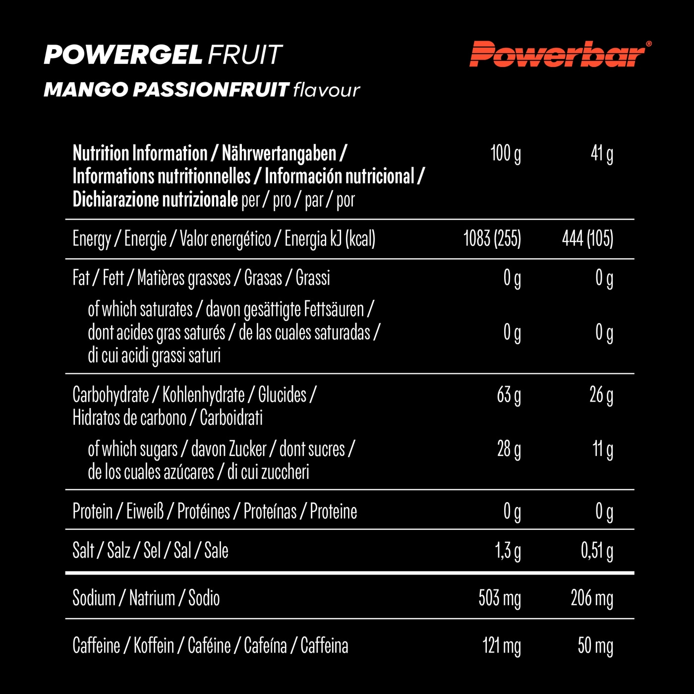 POWERBAR PowerGel Fruit Mango Passionfrucht High Carb Energie Gel Koffein 24x41g