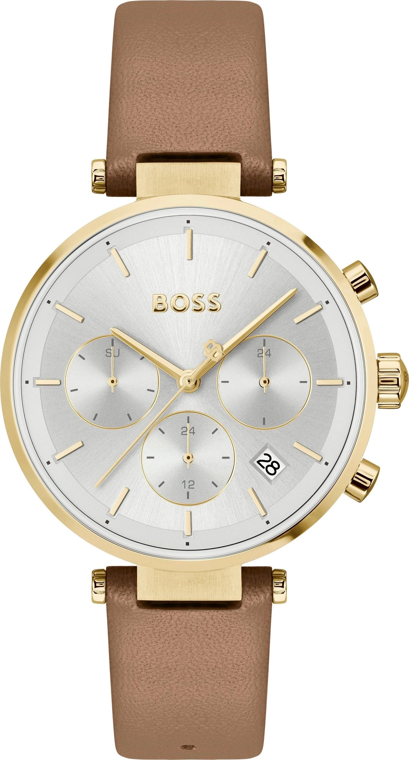 Eine goldene Boss-Uhr mit braunem Lederarmband und silbernem Zifferblatt.