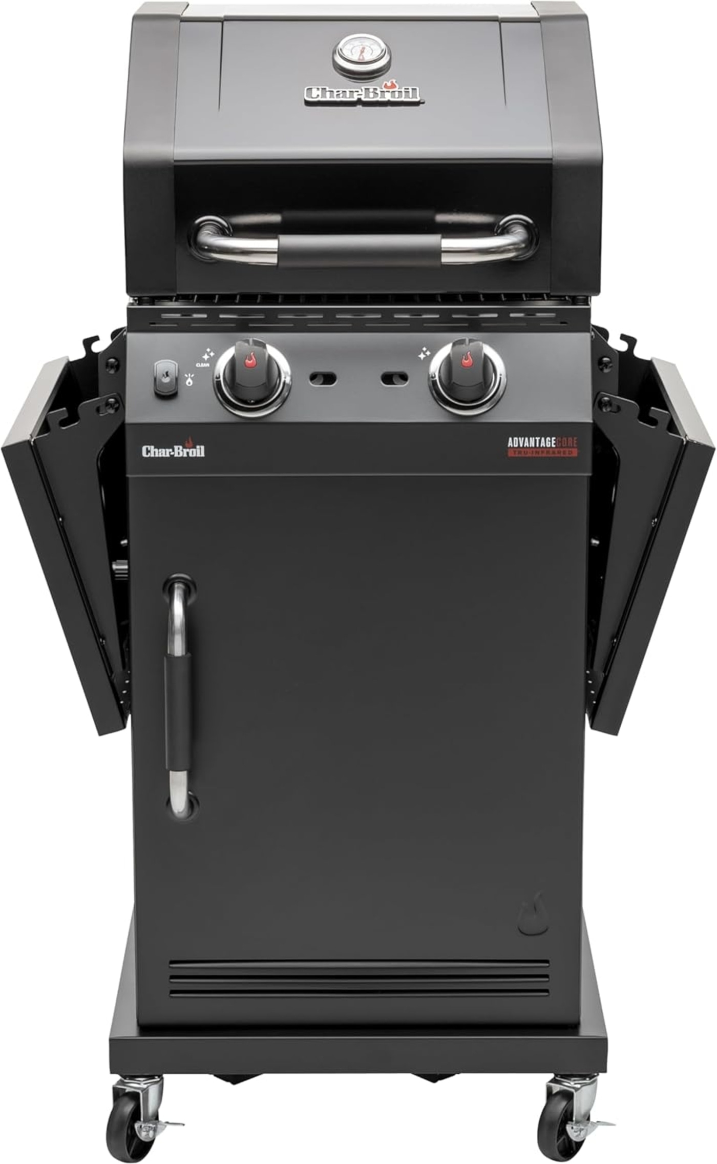 Schwarzer Char-Broil Gasgrill mit zwei Brennern und Klapptischen, auf Rädern.