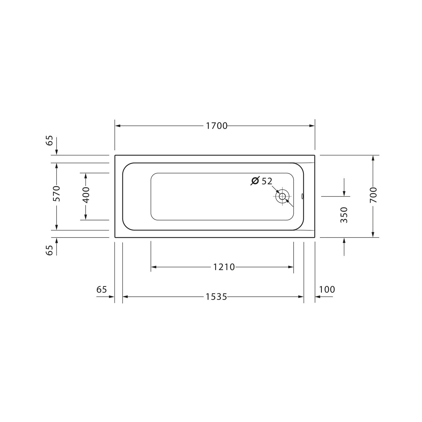 Badewanne mit Maßen: 1700x700x350mm, Durchmesser 52mm, 1535mm, 1210mm, 570mm, 400mm, 65mm, 100mm