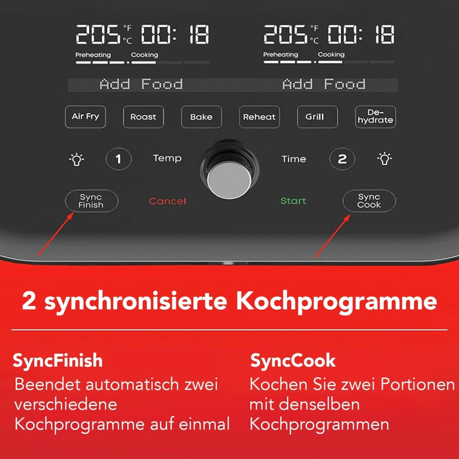 Kochfeld mit zwei synchronisierten Kochprogrammen, SyncFinish und SyncCook.
