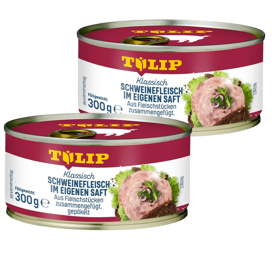 Zwei Dosen Schweinefleisch in eigenem Saft, Klassisch, 300g, Tulip
