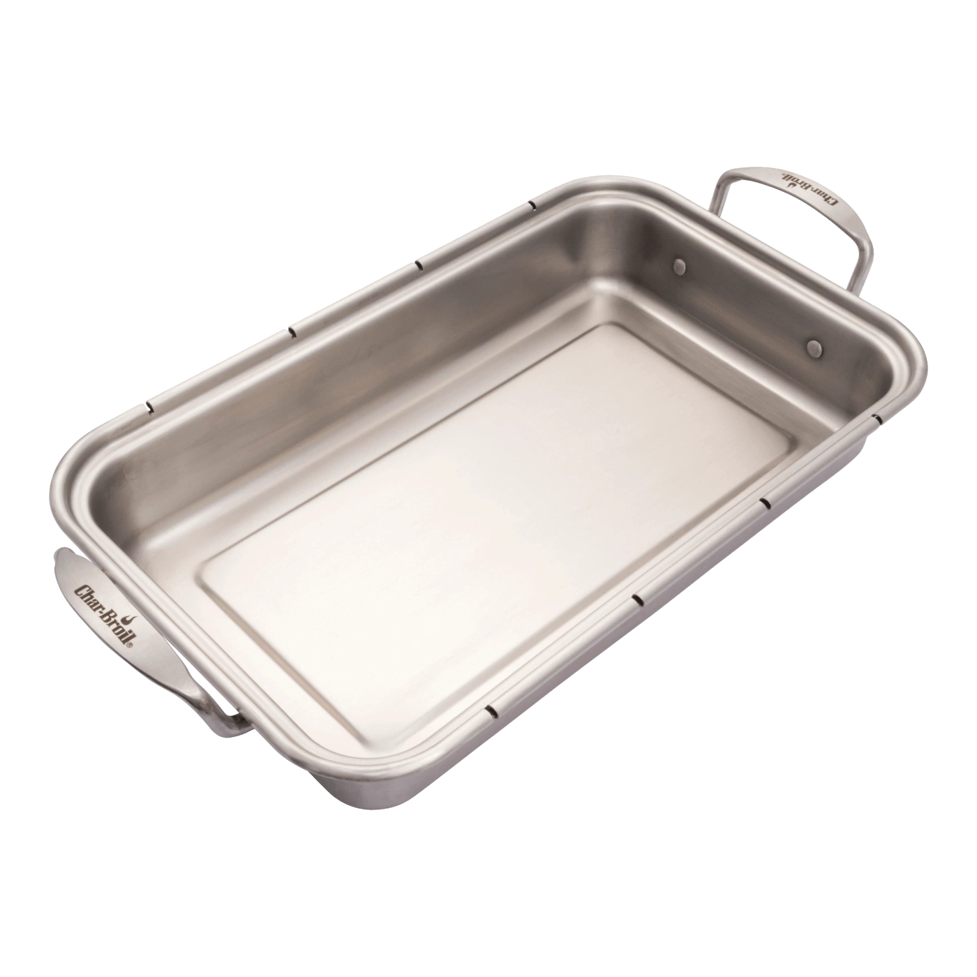 Edelstahl-Bräter mit Griffen, Char-Broil-Logo, rechteckig, leer, isoliert