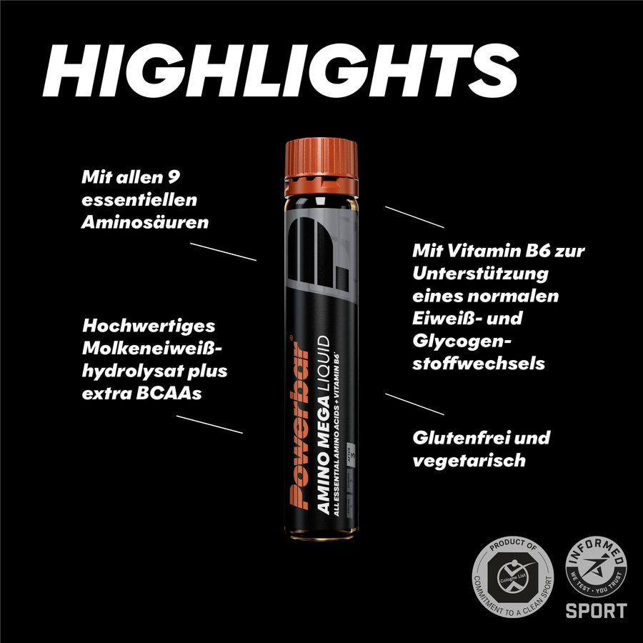 POWERBAR Amino Mega Liquid Black Line essenzielle Aminosäuren BCAAs B6 20x 25 ml
