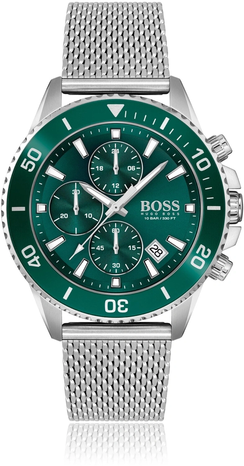 Grüne Herrenuhr mit silbernem Mesh-Armband und Chronographenanzeigen.