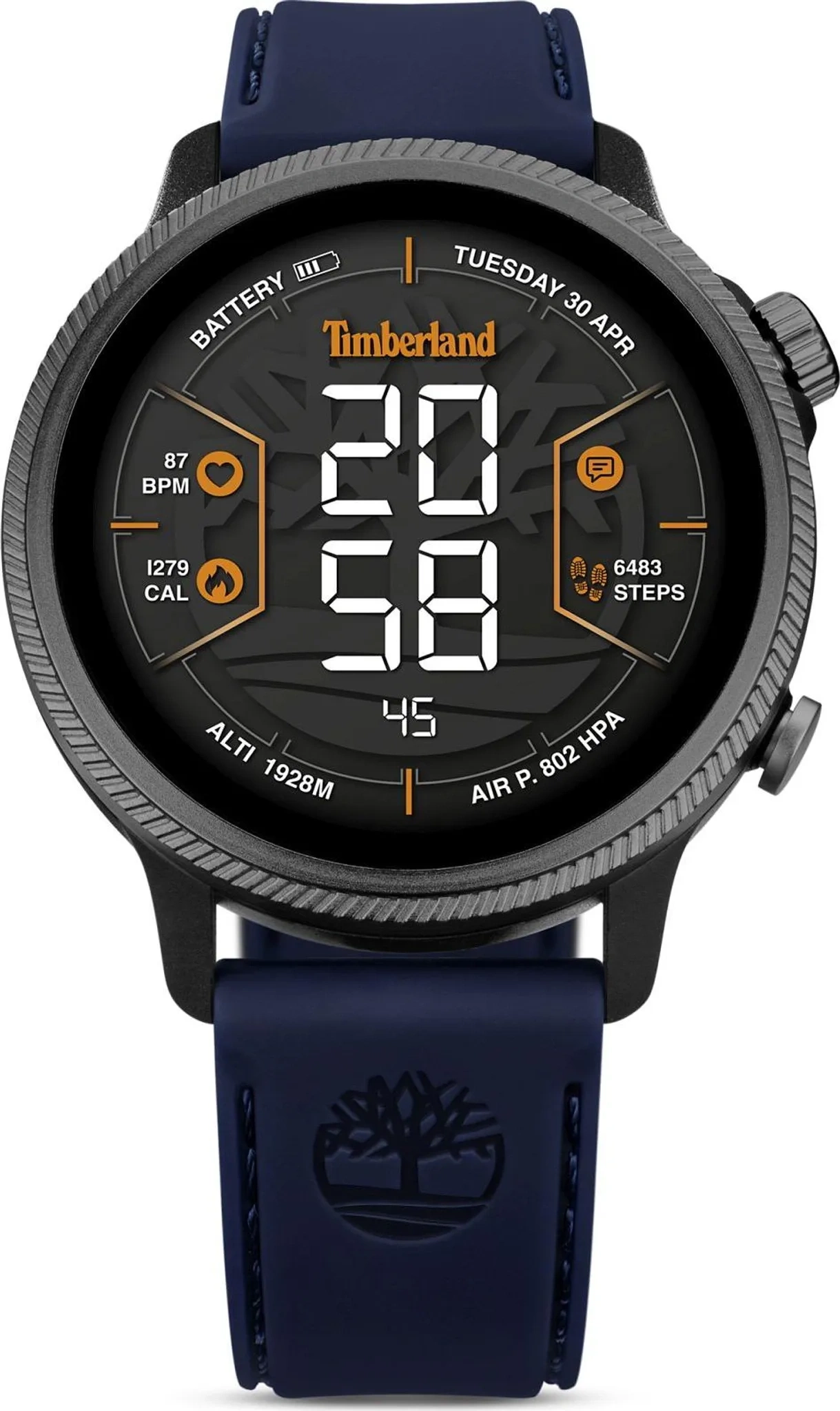 Eine Nahaufnahme einer Timberland Smartwatch mit blauem Armband und digitalem Zifferblatt, das Uhrzeit, Datum und Gesundheitsdaten anzeigt.