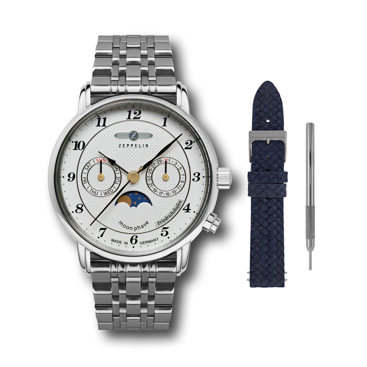 Eine silberne Zeppelin-Uhr mit blauem Lederarmband und Werkzeug