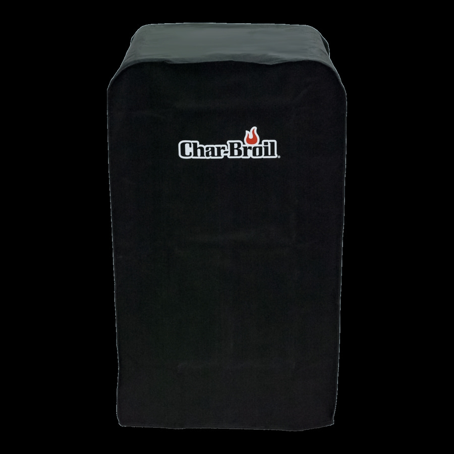 Schwarze Char-Broil Grillabdeckung, die einen Grill schützt, mit Logo