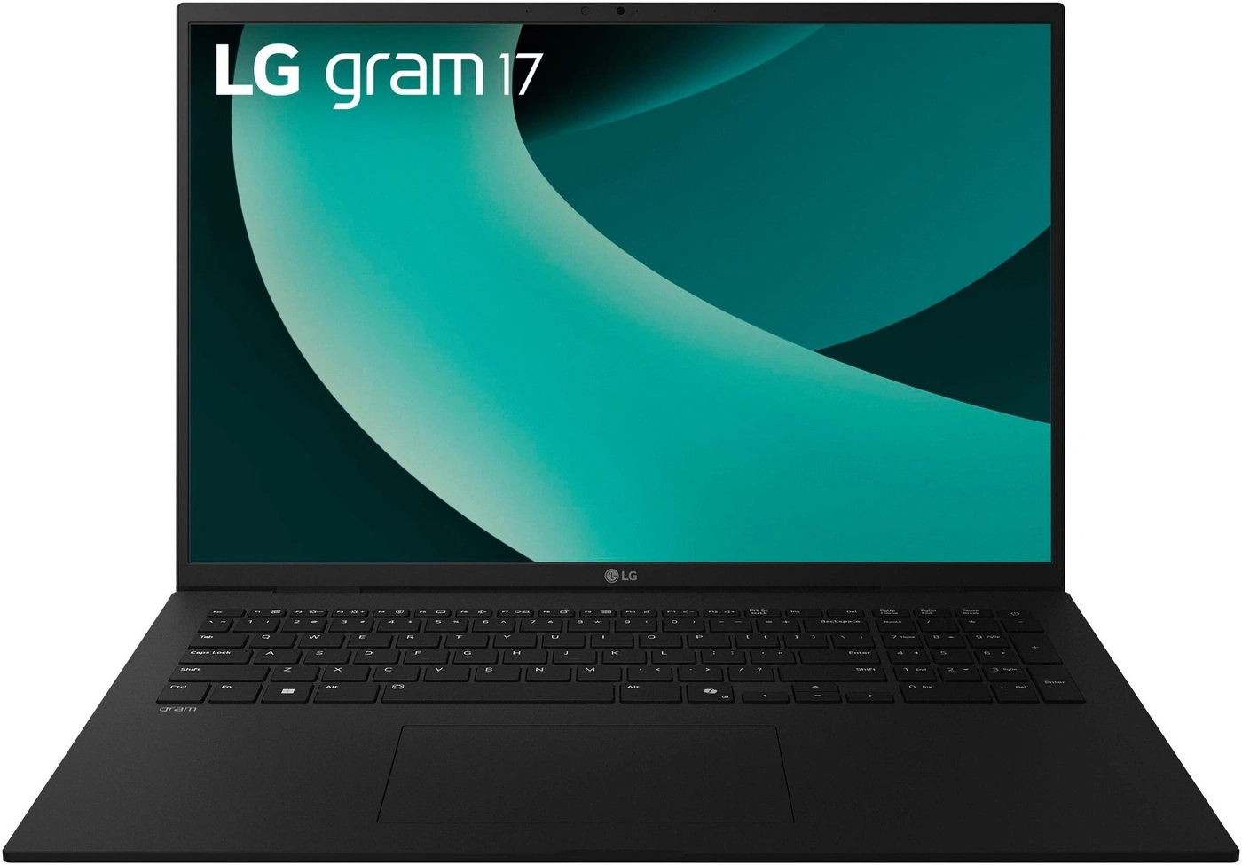 Ein schwarzer LG Gram 17 Laptop mit einem grünen Hintergrund auf dem Bildschirm.