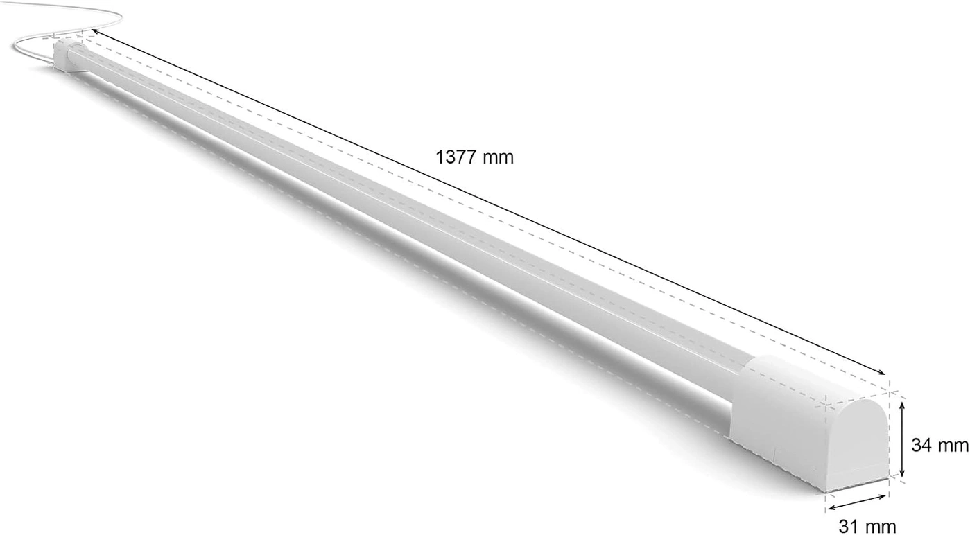 Schlankes weißes LED-Lichtprofil mit Maßen 1377 mm Länge, 34 mm Höhe und 31 mm Breite.