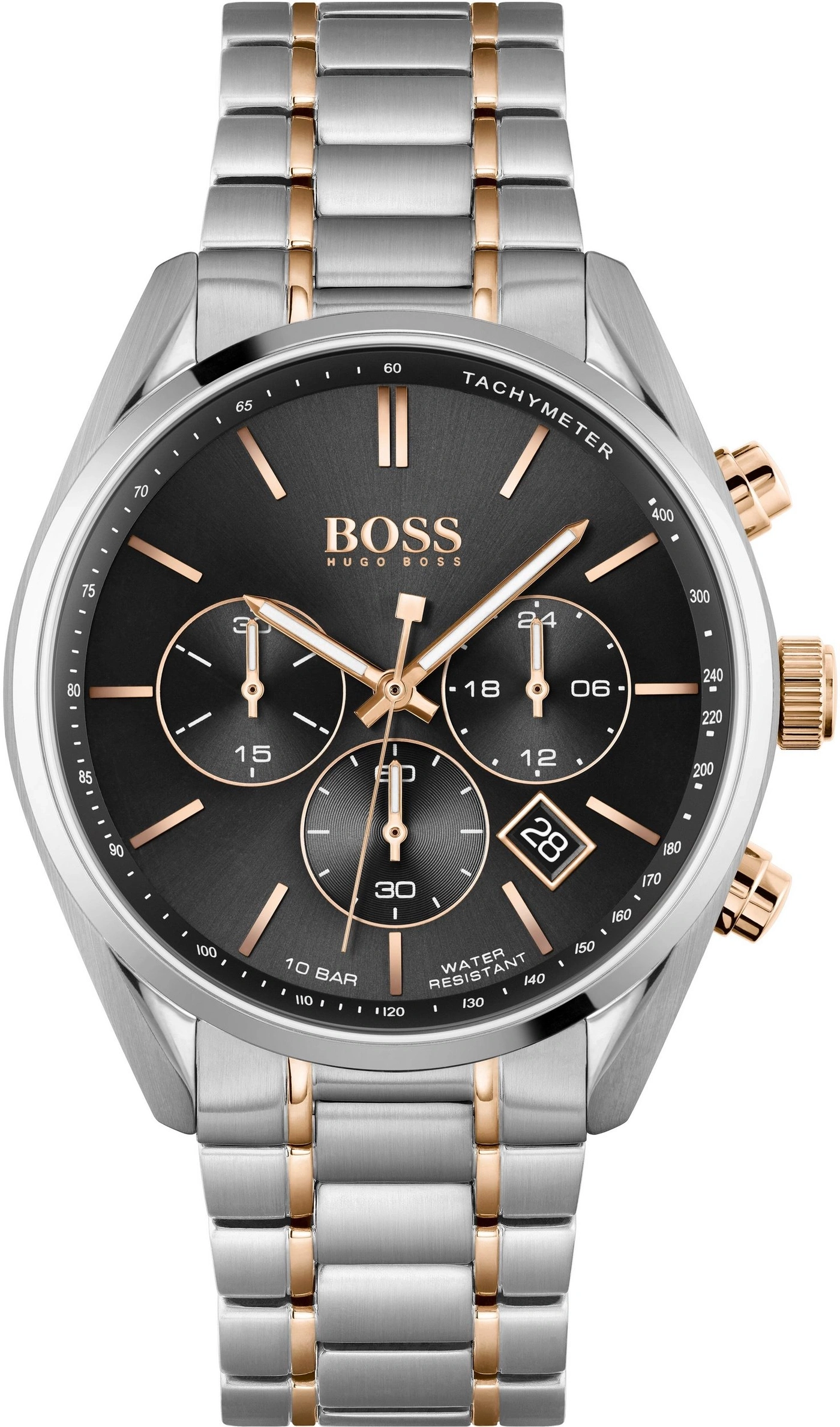 Herrenuhr mit silbernem und roségoldenem Armband und schwarzem Zifferblatt