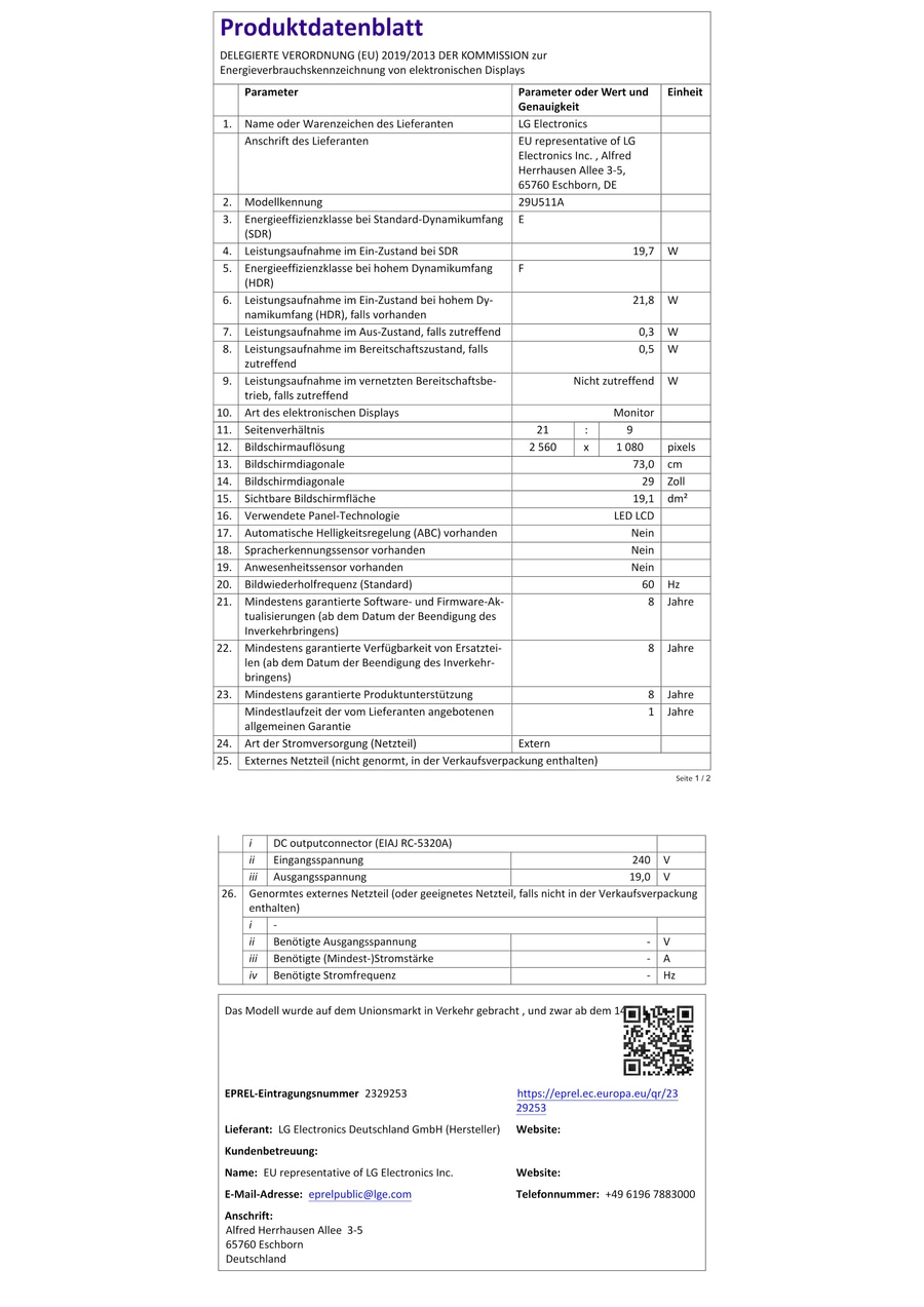 Produktdatenblatt für LG Electronics Monitor mit Energieeffizienzklasse E und F.