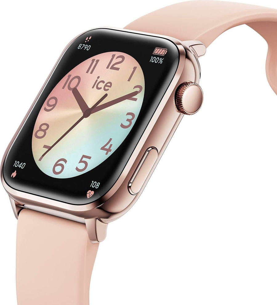 Rosa Smartwatch mit Zifferblatt, das die Uhrzeit und andere Informationen anzeigt.