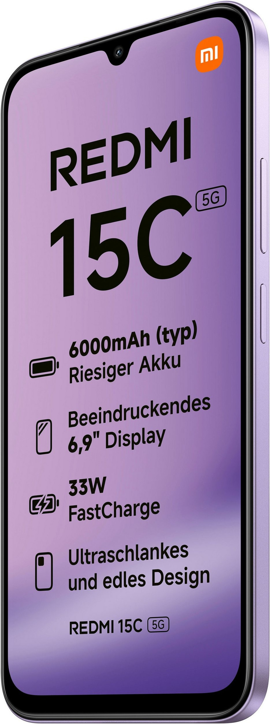 Xiaomi Redmi 15C 5G mit großem Akku, Display und schnellem Laden.