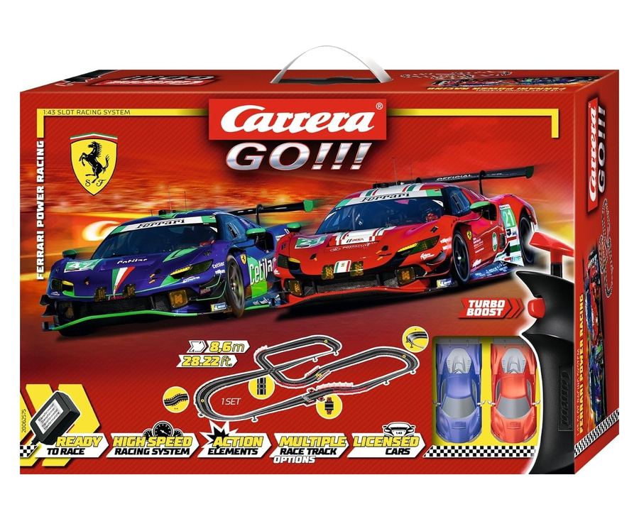 Carrera GO!!! Rennbahn mit Ferrari-Autos, Turbo-Boost und Action-Elementen.