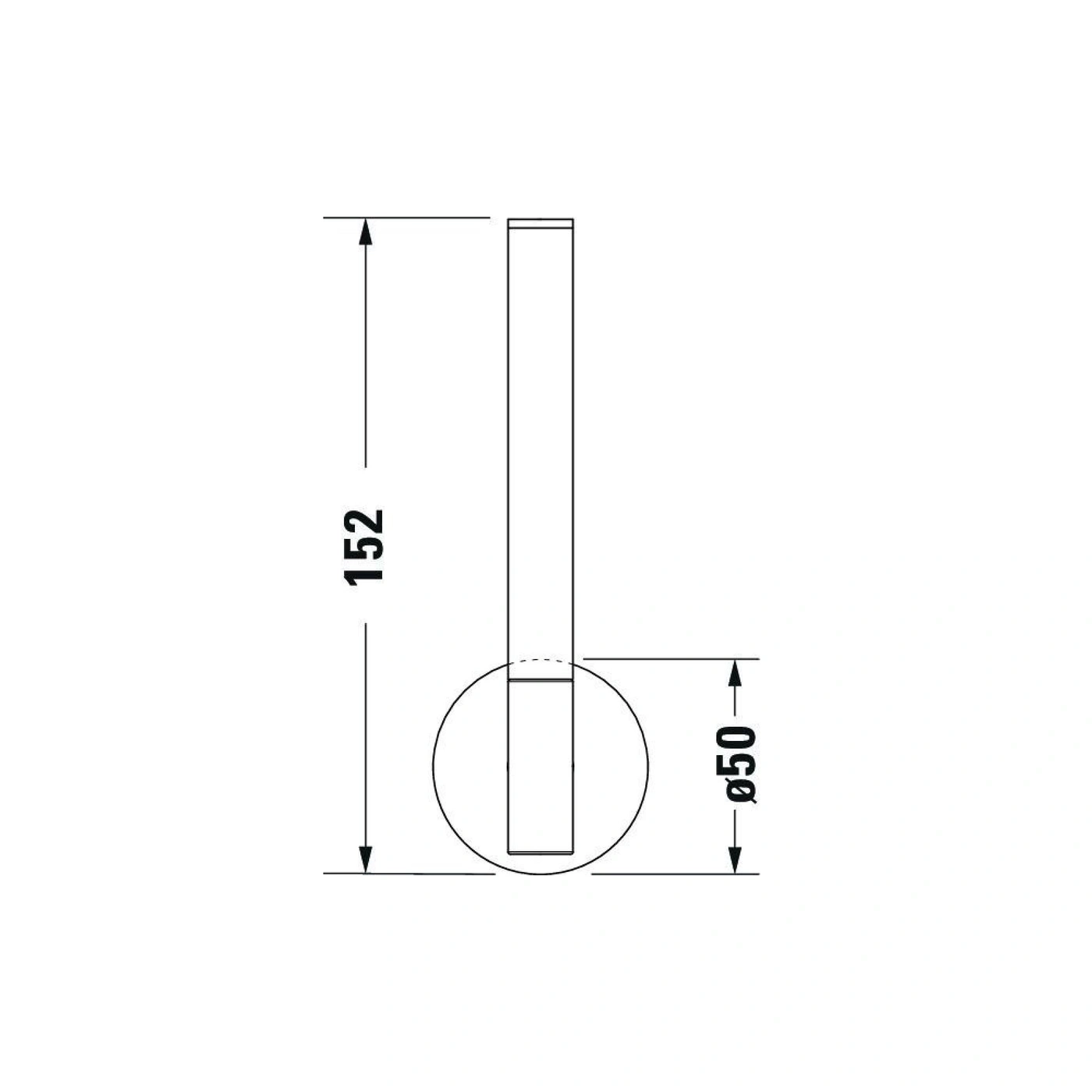 Technische Zeichnung eines zylindrischen Objekts mit den Maßen 152 mm und Ø50 mm.