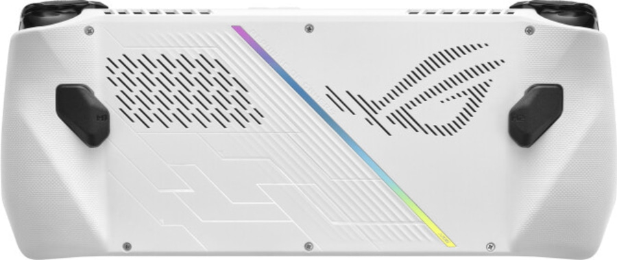 Weißes Gaming-Handheld-Gerät mit ROG-Logo und farbigem Streifen auf der Rückseite.