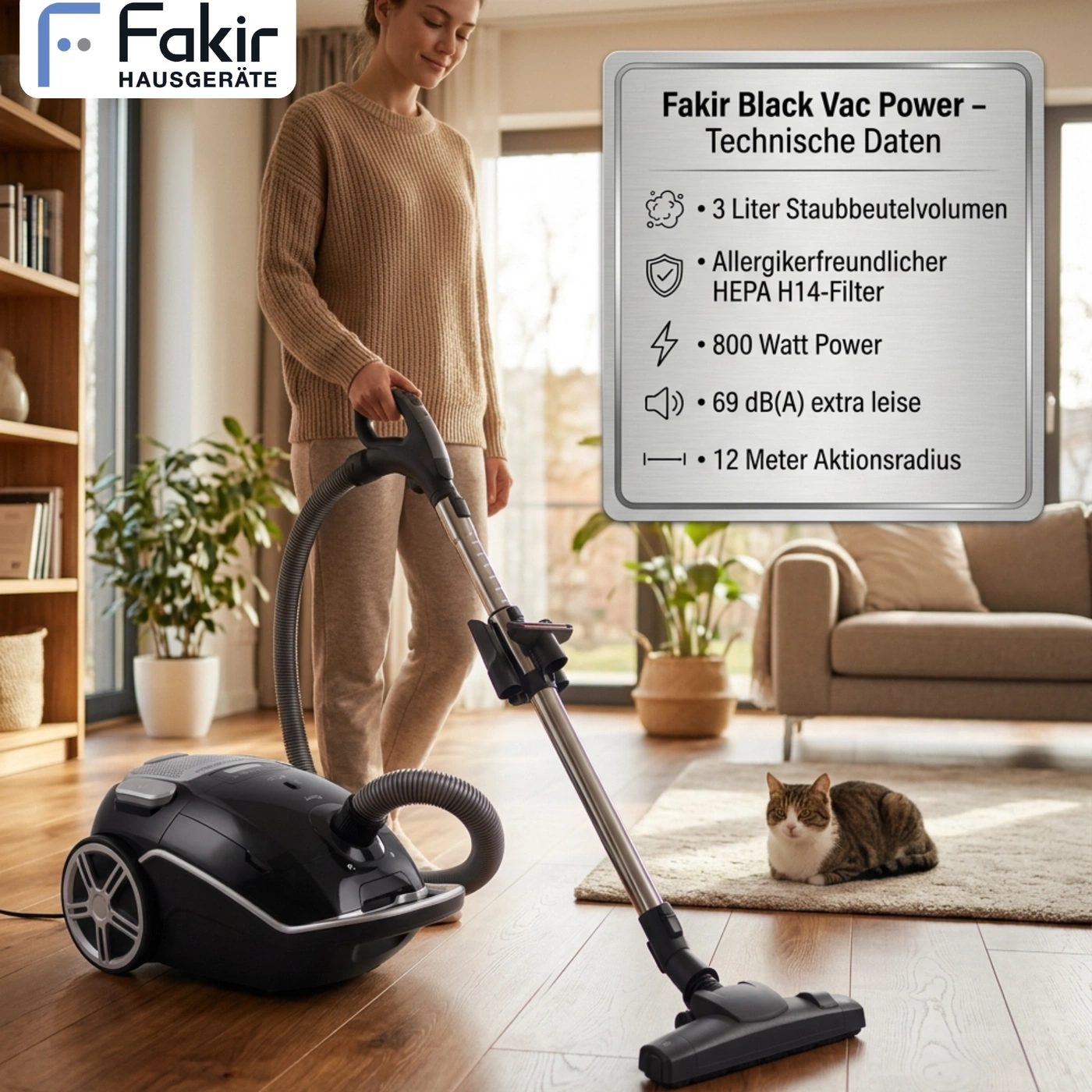 Ein Mann saugt mit einem Fakir Black Vac Power Staubsauger