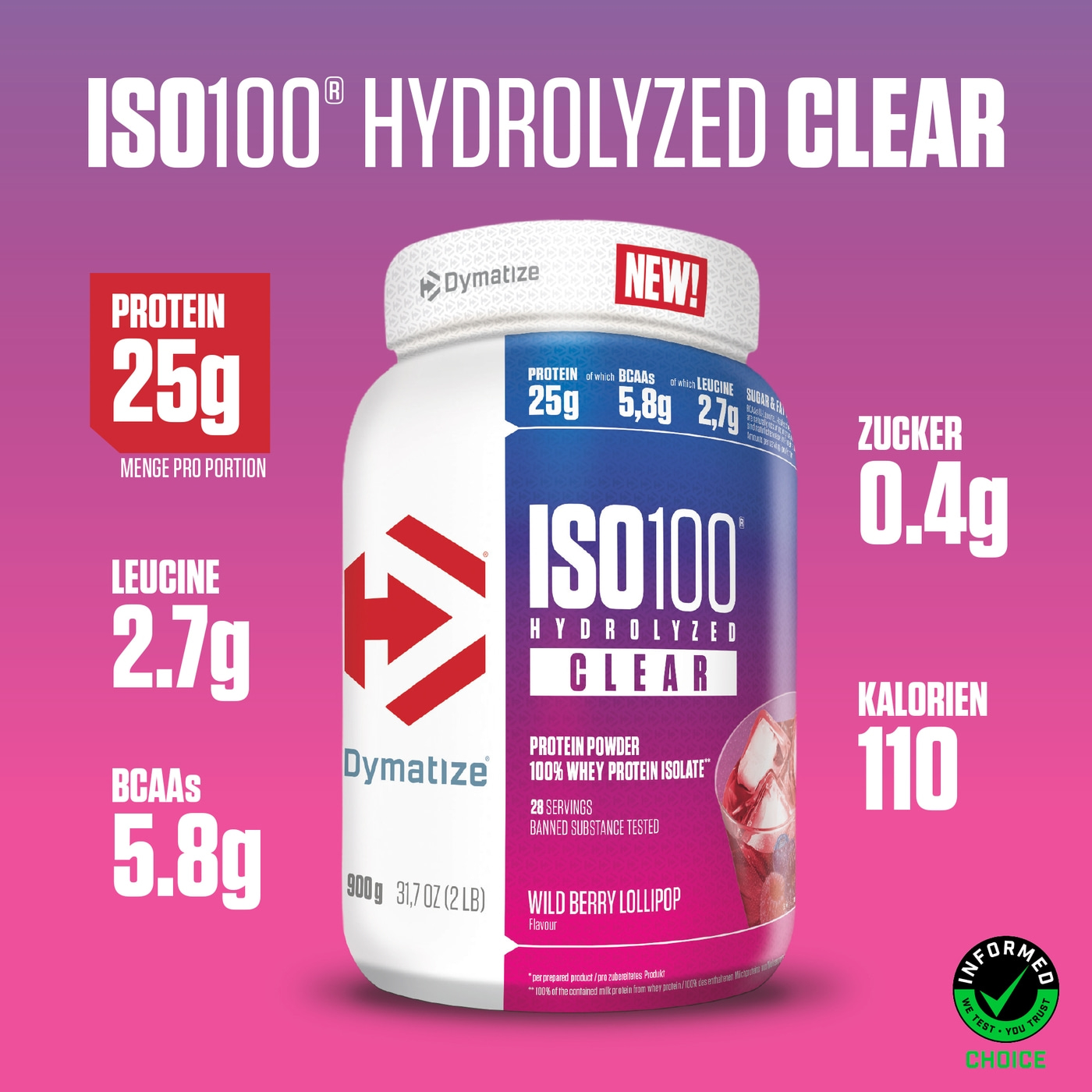 DYMATIZE Whey Protein Pulver Shake Clear Ice Tea Peach & Wild Berry je 900 g