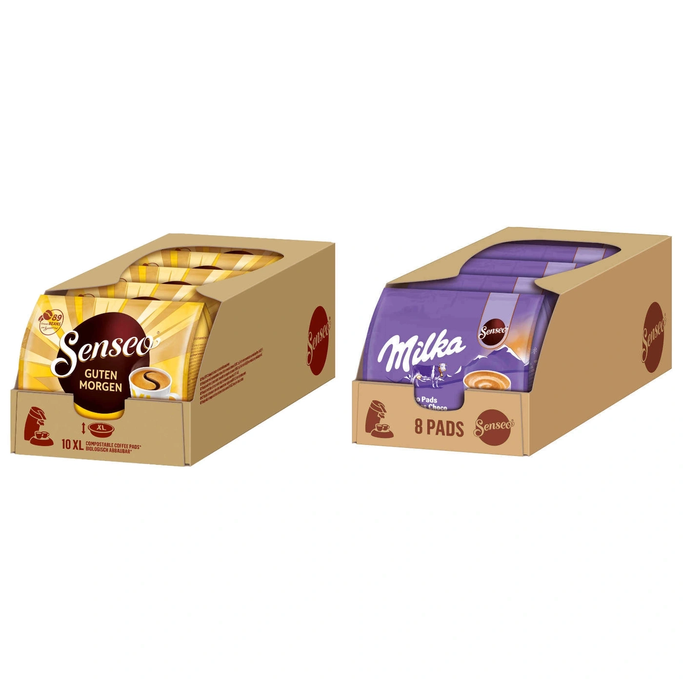 Zwei Senseo Kaffee-Pads-Packungen mit "Guten Morgen" und "Milka"
