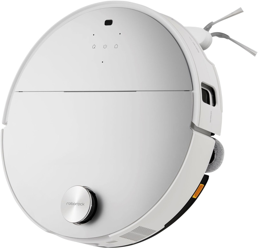 Weißer Roboter-Staubsauger mit runder Form und Steuerungstasten, Roborock-Logo.