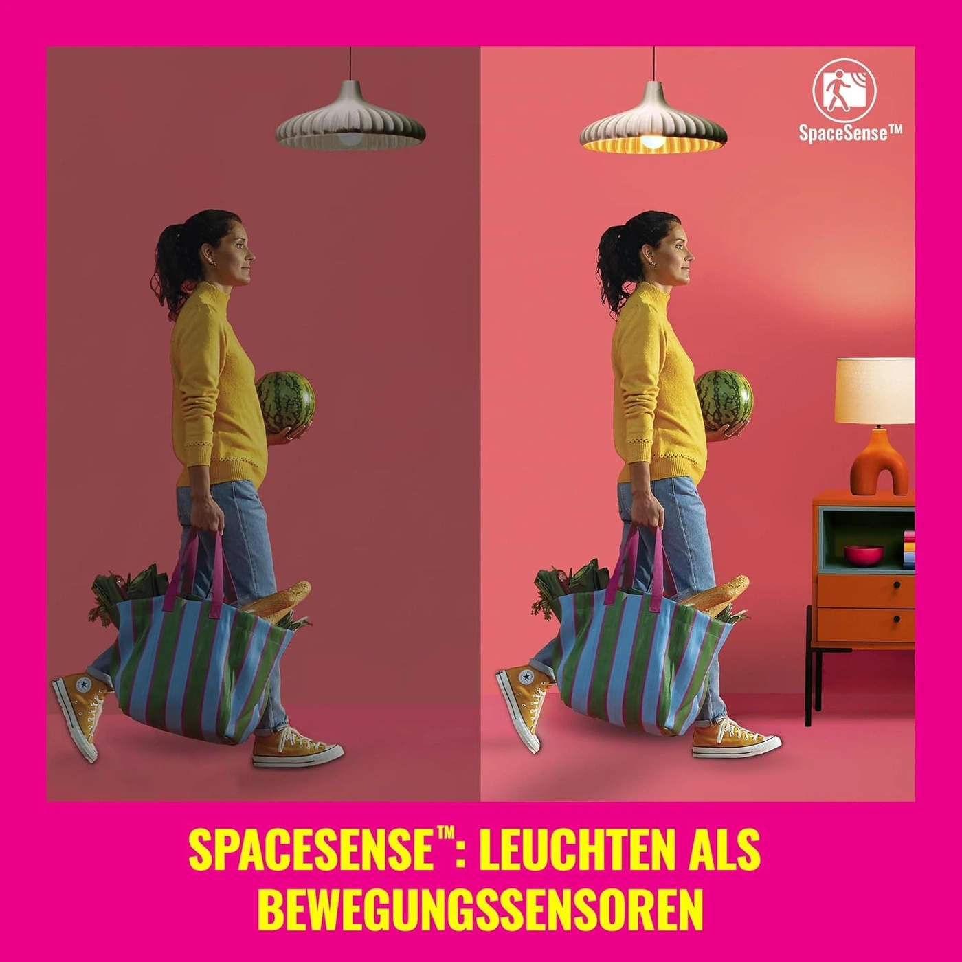 Frau mit Wassermelone und Einkaufstasche vor der Lampe