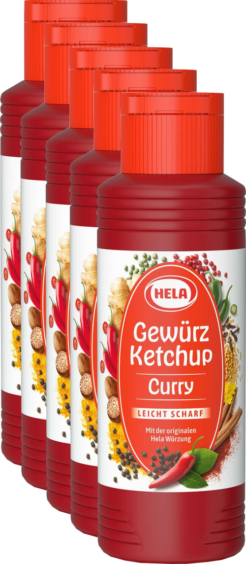 5 x Hela Ketchup Curry leicht scharf Gewürzketchup 300 ml Flasche Ketchupflasche