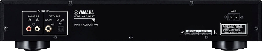 Rückseite eines Yamaha CD-Players mit Anschlüssen, Modellbezeichnung und Warnhinweisen.