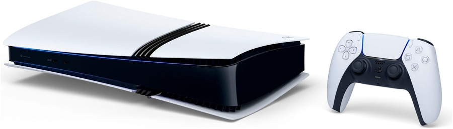 PlayStation 5 Konsole und Controller, weiß und schwarz, modernes Design