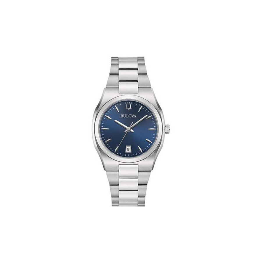 Bulova-Uhr mit blauem Zifferblatt und silbernem Armband, elegant.