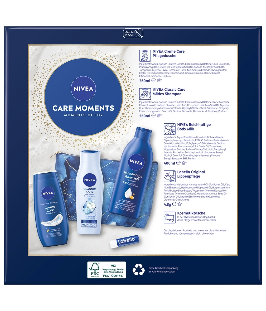Nivea Pflege-Set mit Duschgel, Shampoo, Body Milk und Lippenpflege im Geschenkkarton