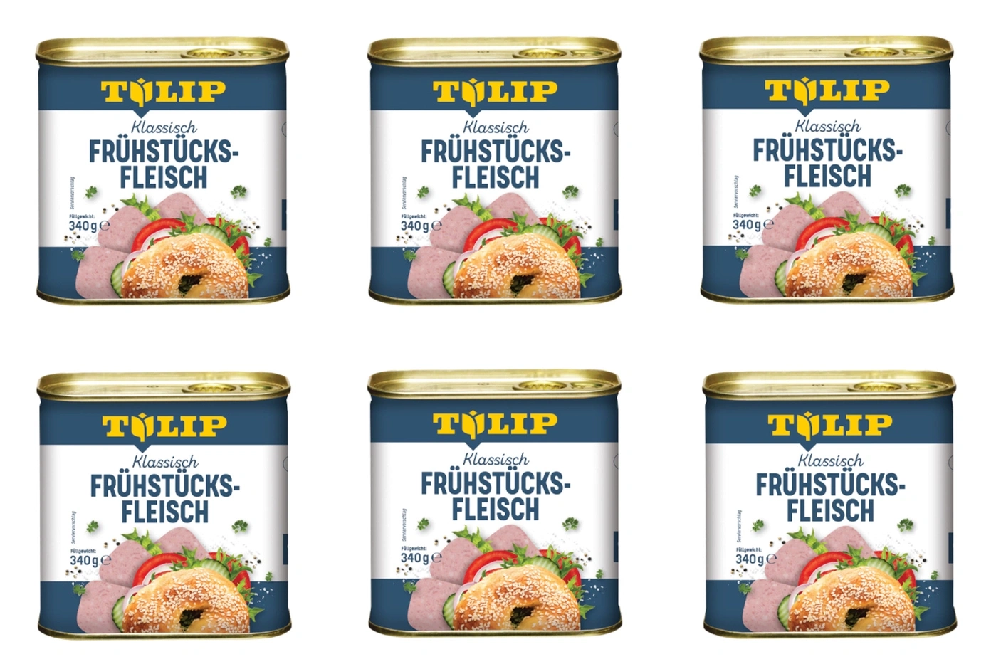 Sechs Dosen Tulip Frühstücksfleisch Klassisch mit Bagel und Wurst
