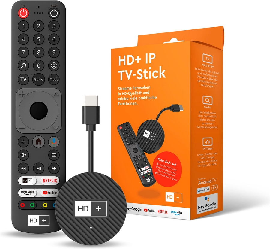 HD+ IP TV-Stick mit Fernbedienung, Streaming-Dongle und Verpackung