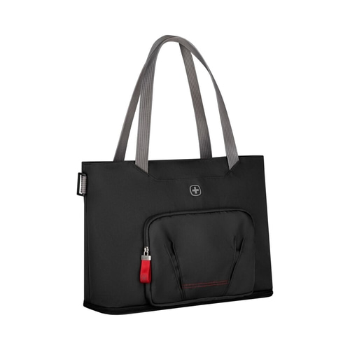 Schwarze Handtasche mit grauem Griff und rotem Detail, Logo, Tasche