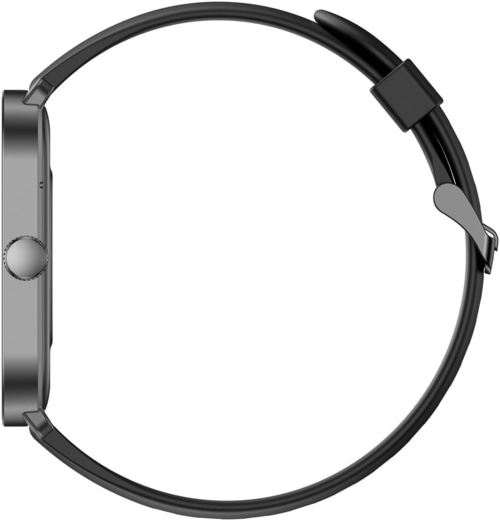 Schwarze Smartwatch mit rundem Zifferblatt und Armband aus Gummi