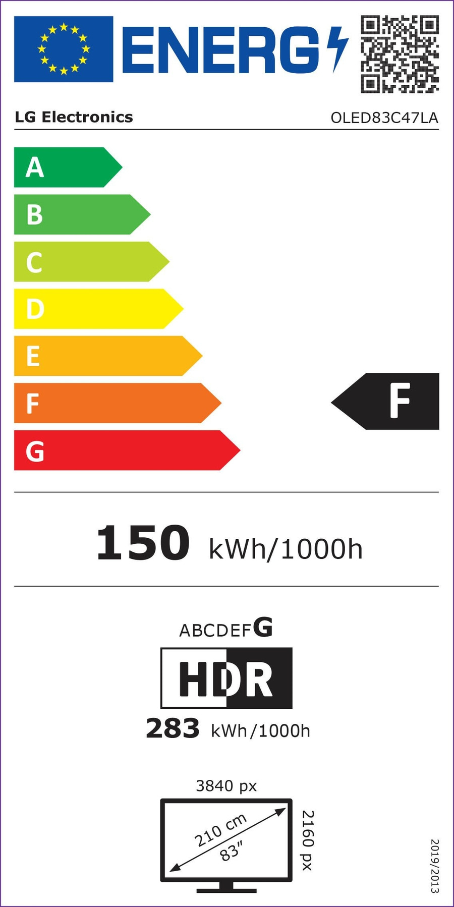 Energieeffizienzlabel für LG OLED83C47LA Fernseher, Energieklasse F, 150 kWh/1000h